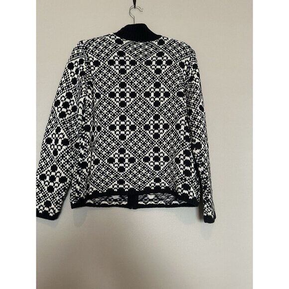 Talbots Cardigan Women Medium Black White Fair Isle Zip Up 100% Cotton Sweater - Picture 4 of 7